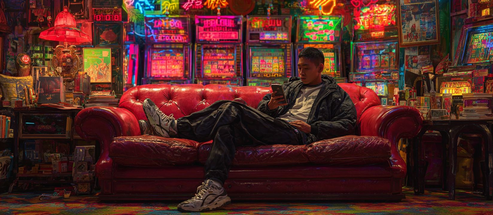 Young man lounging on a red leather sofa, browsing his smartphone in a colorful arcade with neon slot machines