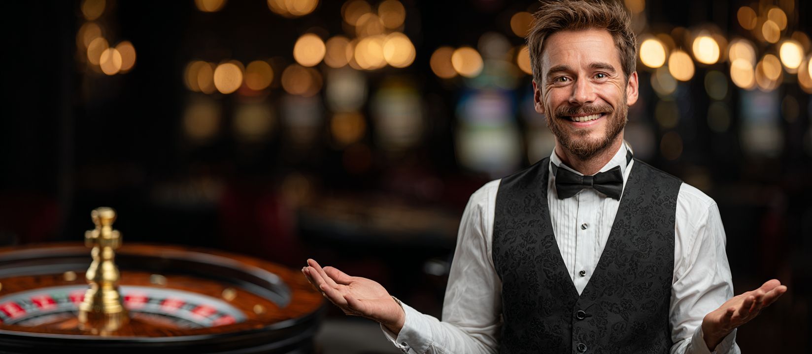 Smiling casino dealer in a black vest and bow tie standing beside a roulette table under warm lights