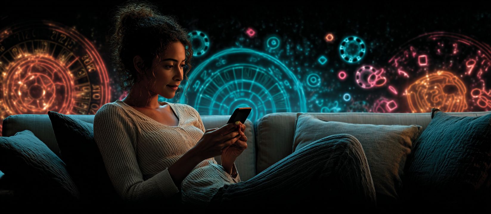 Download the 555WW App and play anytime, anywhere! Relaxed woman on a sofa using a smartphone with vibrant neon casino graphics in the background