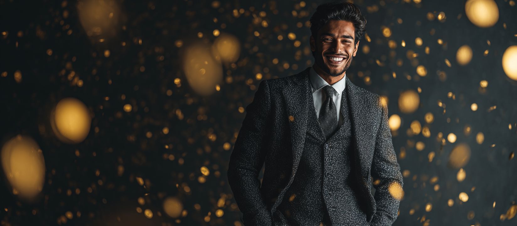 Log in to 555WW and unlock your path to winning! Confident man in a dark suit smiling with golden lights floating around him