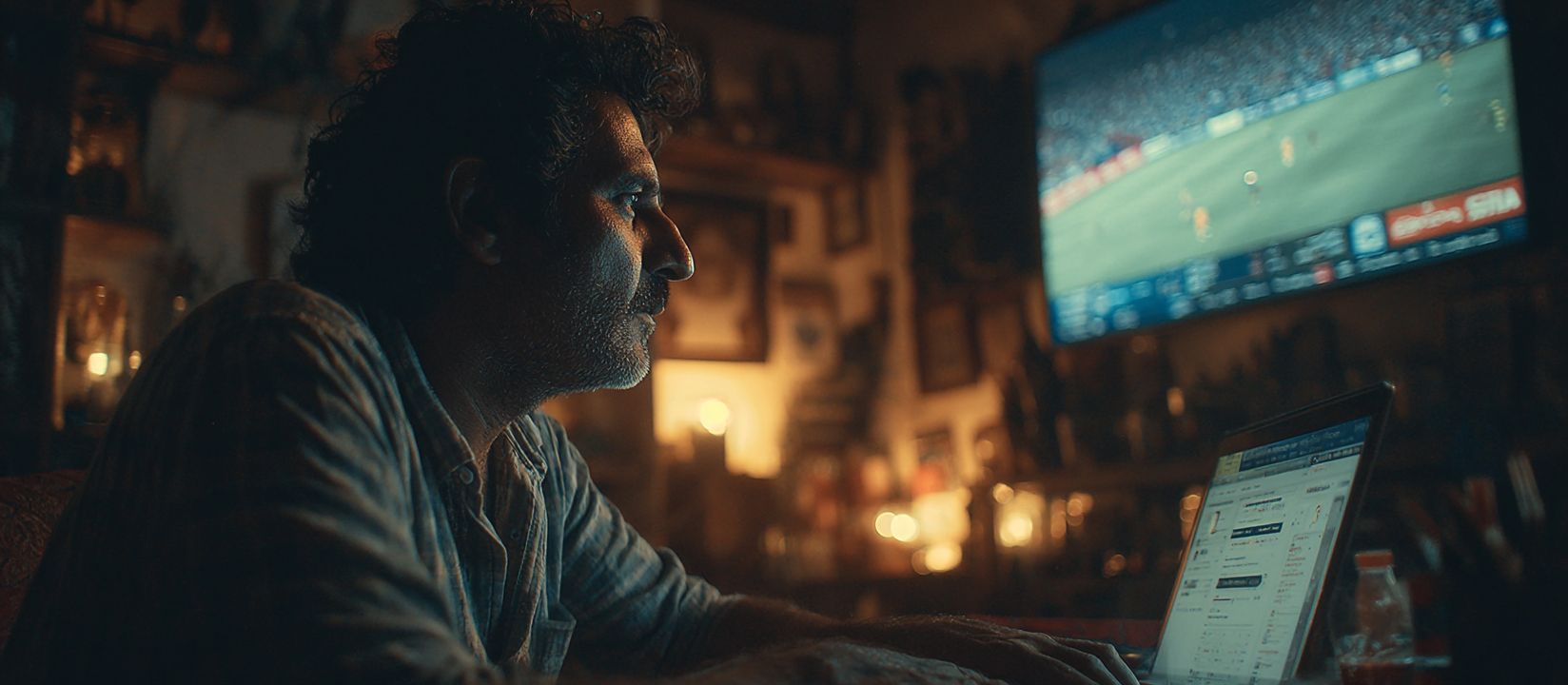 Bet on your favorite sports live at 555WW! Focused man betting online on a laptop with a live sports match on TV in the background
