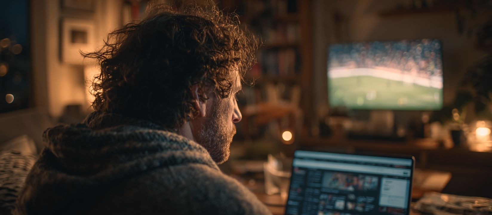 Man in a cozy home environment using a laptop to place online sports bets while a football match plays on TV